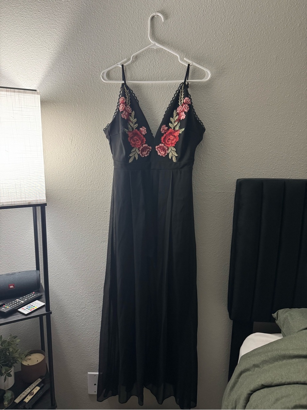 Black Floral Embroidered V-Neck Maxi Dress